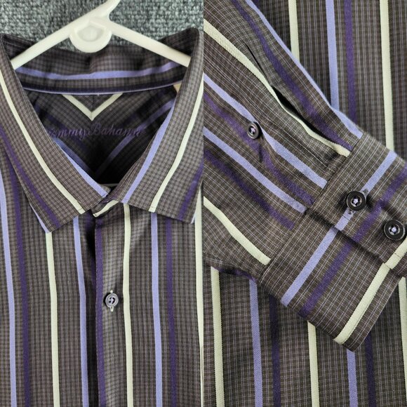 Tommy Bahama XXL 100% Silk Purple Gray Stripe Plaid Long Sleeve Button Up Shirt - Picture 14 of 16